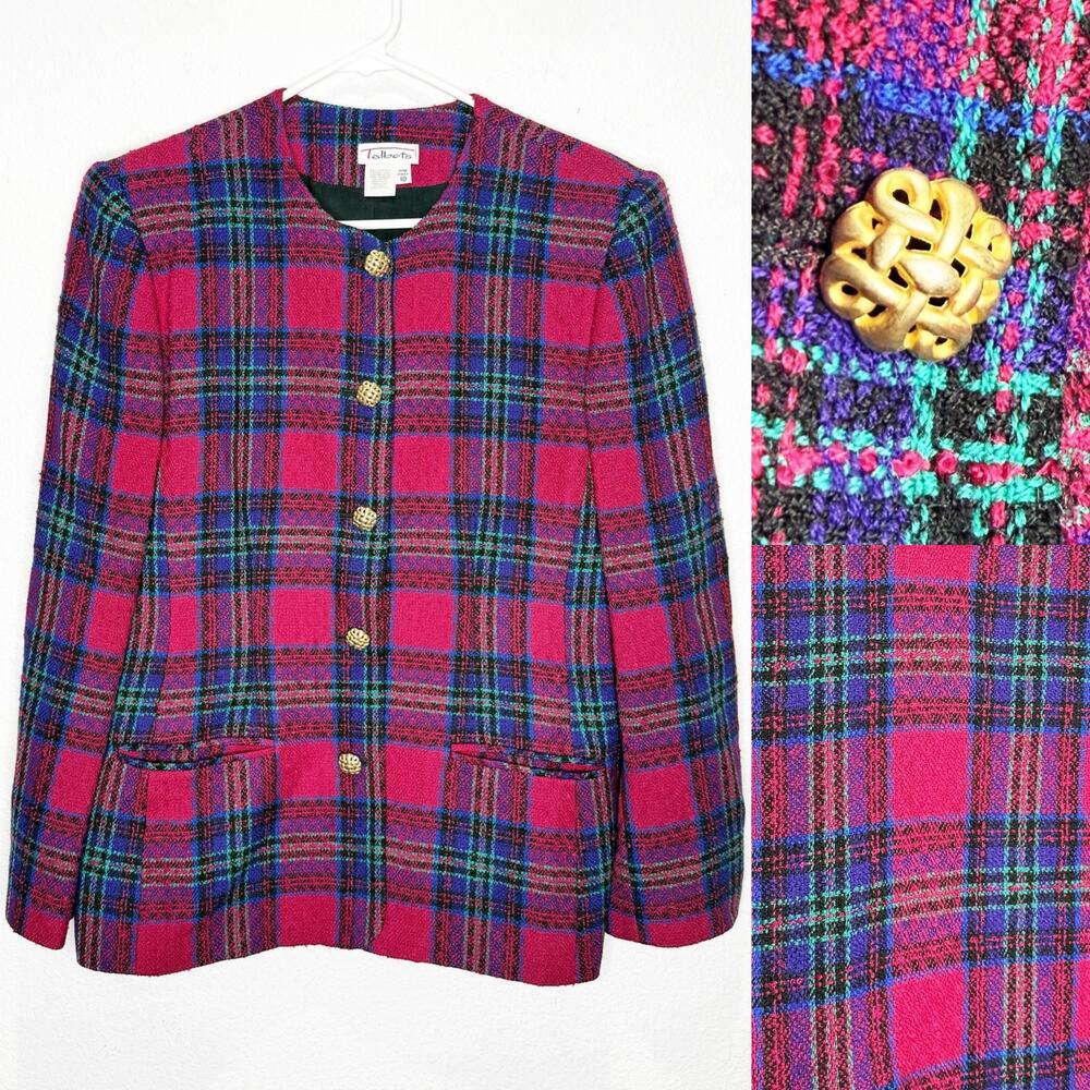 Vintage Talbots Wool Plaid Pink Gold Buttons Blazer Jacket 10 Clueless